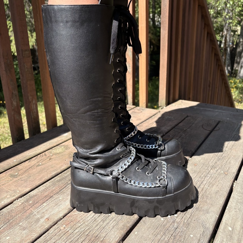 Cape Robbin Emo Stomp Platform Boots Black Chain Y2K Chunky Lace Up Zip Knee 10 - Picture 3 of 13